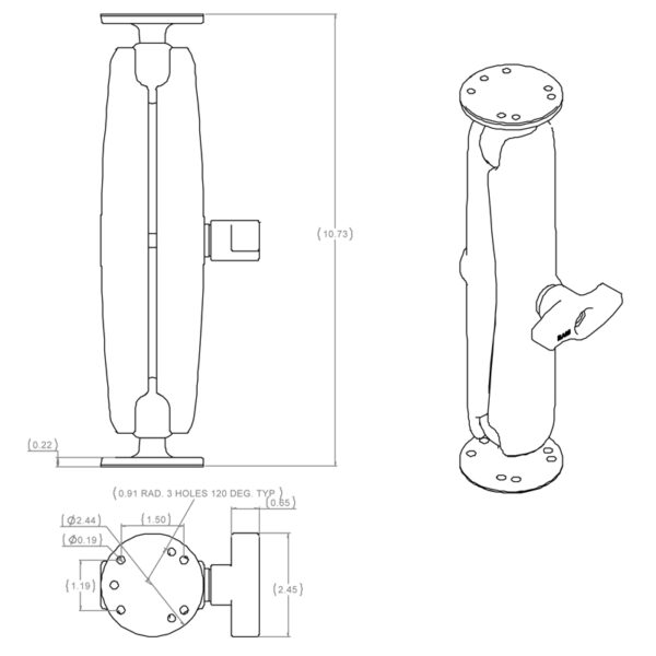 RAM Doppio Supporto a Sfera con Due Piastre Tonde - tipo C Lungo Ram Mounts RAM-101U-D - immagine 2