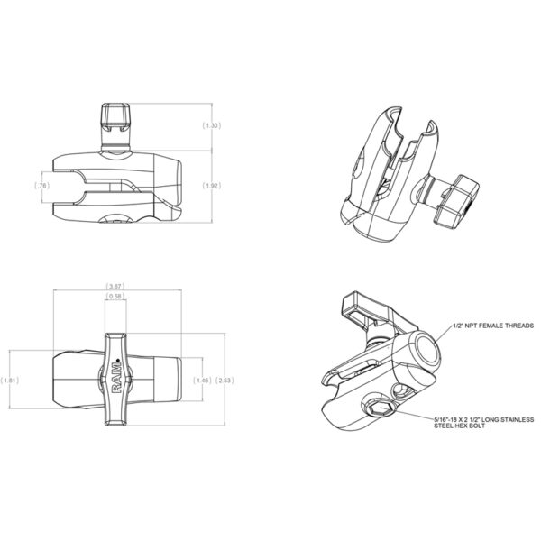 RAM® Single Socket Arm with 1/2" NPT Threaded Hole Ram Mounts RAM-200-1 - immagine 2