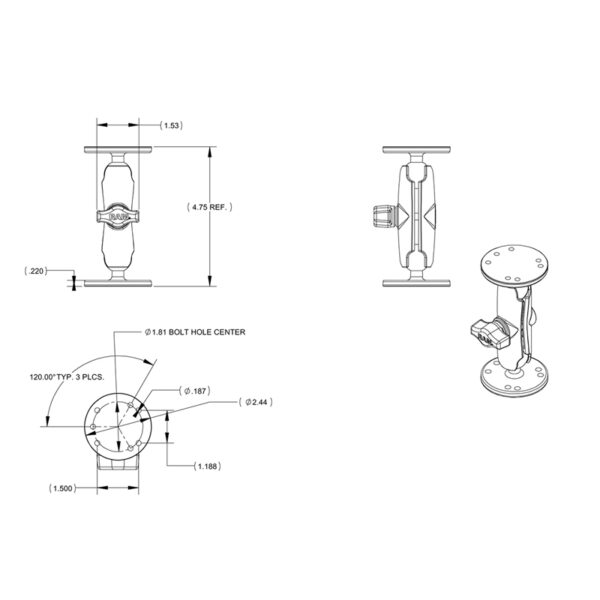 RAM Doppia Sfera di Supporto con Hardware Universale per Garmin GPSMAP più Altro Ram Mounts RAM-B-101-G1U - immagine 3