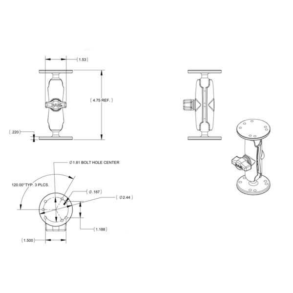 RAM Doppia Sfera di Supporto con #6-32 Hardware per Garmin GPSMAP più Altro Ram Mounts RAM-B-101-G2U - immagine 3