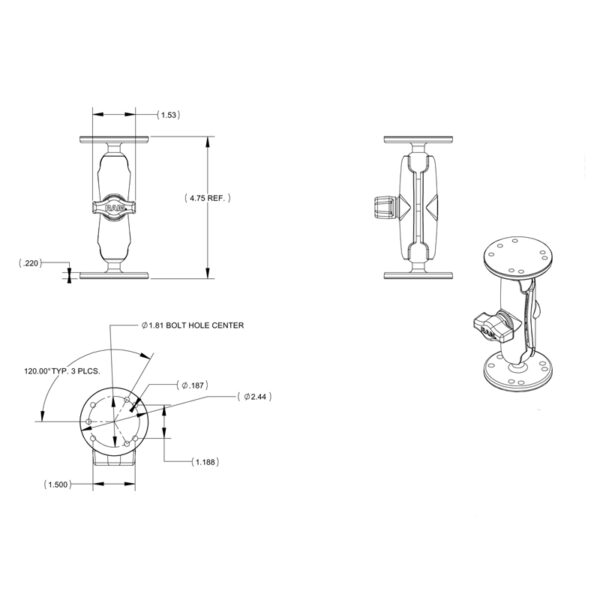 RAM Supporto a Sfera Doppia con viteria per Garmin StreetPilot Ram Mounts RAM-B-101-G3U - immagine 3