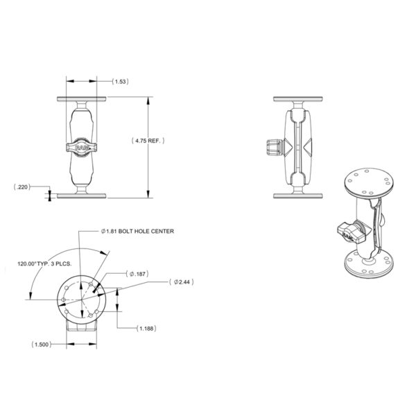 RAM Supporto a Sfera Doppia con viteria per Garmin Striker più Altro Ram Mounts RAM-B-101-G4 - immagine 4