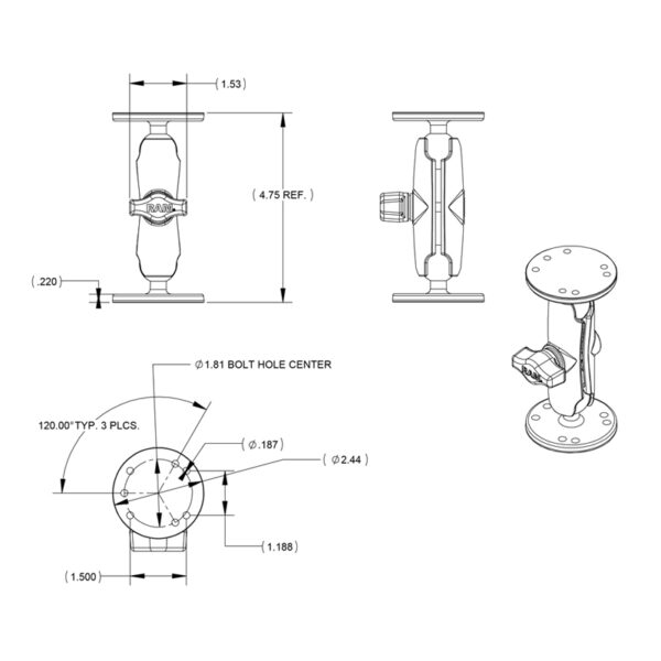 Sistema di montaggio Ram Mounts RAM-B-101U a doppia sfera piana per applicazioni nautiche - immagine 4