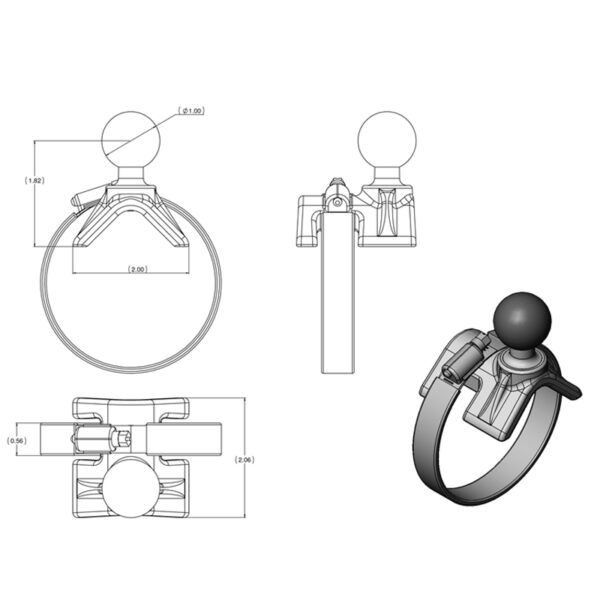 RAM Doppia Cinghia a Sfera Tubo Clamp Mount con Piastra Tonda - Lunga Ram Mounts RAM-B-108-C - immagine 2
