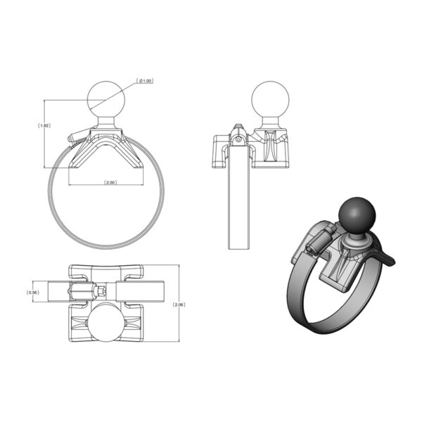RAM Strap Tubo Clamp Mount con perno da 1/4"-20 Ram Mounts RAM-B-108B-A-237U - immagine 2