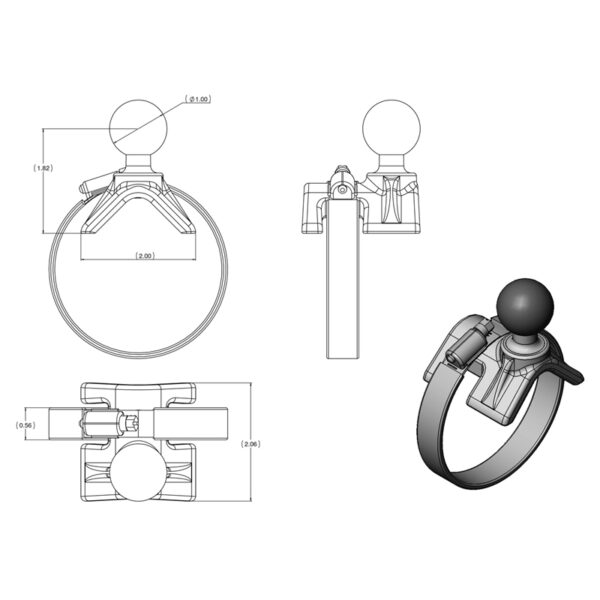 RAM Strap Hose Clamp Mount con adattatore per fotocamera da 1/4"-20 - Corto Ram Mounts RAM-B-108B-A-366U - immagine 2