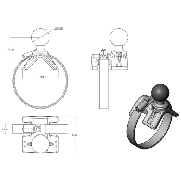 RAM Doppia Cinghia a Sfera Tubo Clamp Mount con Piastra a rombo - Media Ram Mounts RAM-B-108U-GP1 - immagine 2