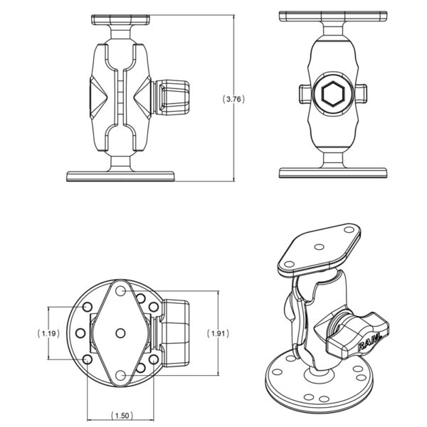 RAM® Universal Drill-Down Double Ball Mount with Diamond 2-Hole Plate Ram Mounts RAM-B-138-A - immagine 3