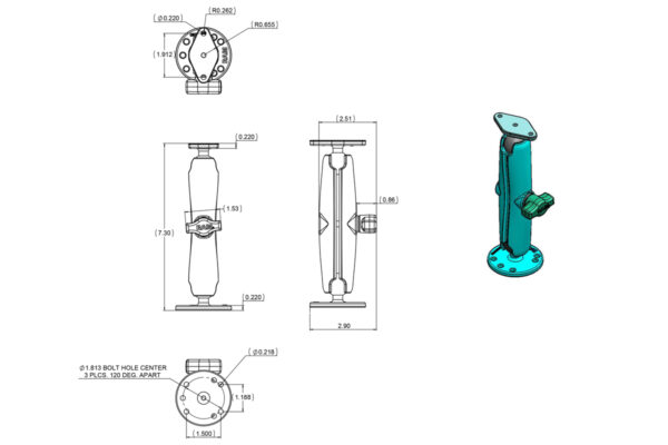 RAM Double Ball Drill-Down Mount with Diamond Plate - Long Ram Mounts RAM-B-138U-C - immagine 3