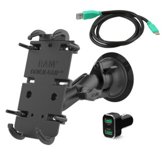 Supporto Ram Mounts RAM-B-166-PD4-2QCCIGU per CELLULARI oltre 6" e con caricabatterie accendisigari USB.