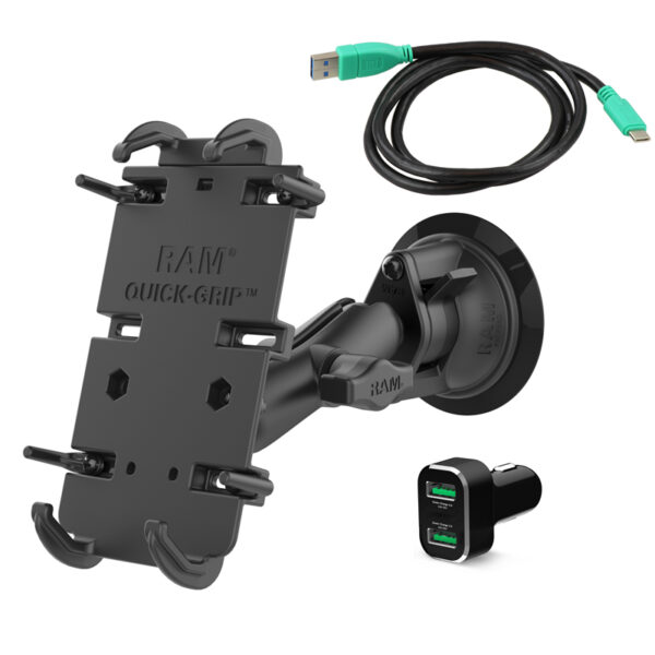 Supporto Ram Mounts RAM-B-166-PD4-2QCCIGU per CELLULARI oltre 6" e con caricabatterie accendisigari USB.