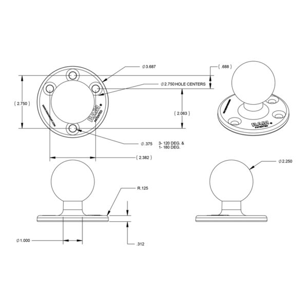 RAM® Large Round Plate with Ball Ram Mounts RAM-D-202 - immagine 2