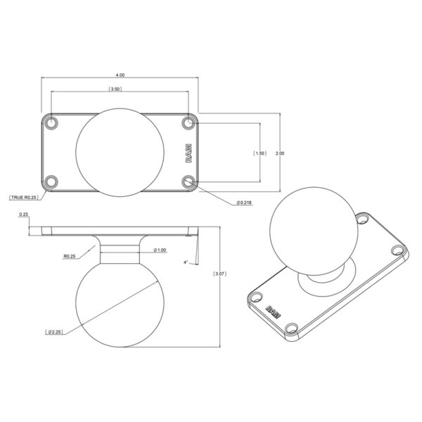 Base a sfera RAM con schema a 4 fori da 1,5" x 3,5" - tipo D Ram Mounts RAM-D-202U-24 - immagine 2