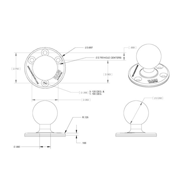 Piastra Tonda Grande RAM con Sfera e Bullone Rinforzato in Acciaio - tipo D Ram Mounts RAM-D-202U-IN1 - immagine 3