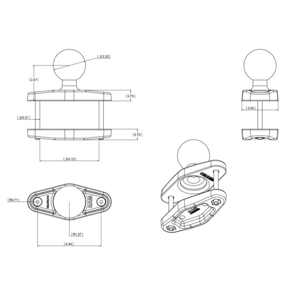 Componente a morsetta  Ram Mounts RAM-D-247U-4-IN1 per pilastrini fino a 4" (10,16cm) di Larghezza - immagine 3
