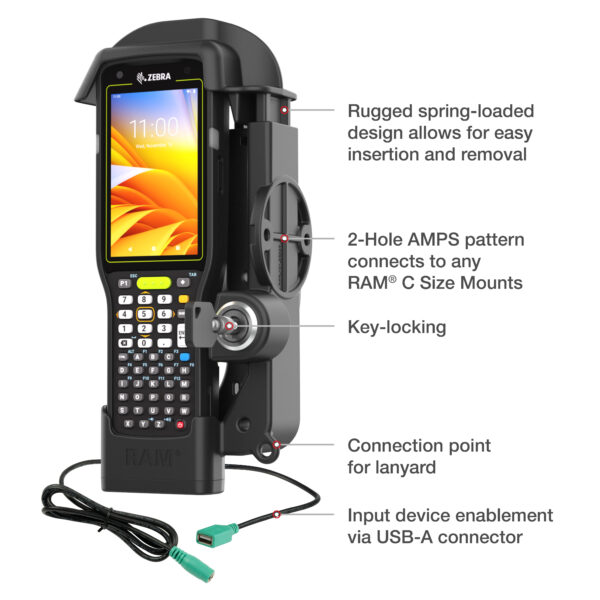 RAM Dock Alimentato con Blocco più USB-A Singolo per Zebra MC3300/3400/3450 Ram Mounts RAM-HOL-ZE33PDLU - immagine 5