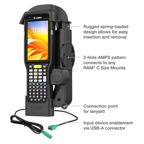 Dock alimentato RAM più USB-A singolo per Zebra MC3300/3400/3450 Ram Mounts RAM-HOL-ZE33PDU - immagine 5